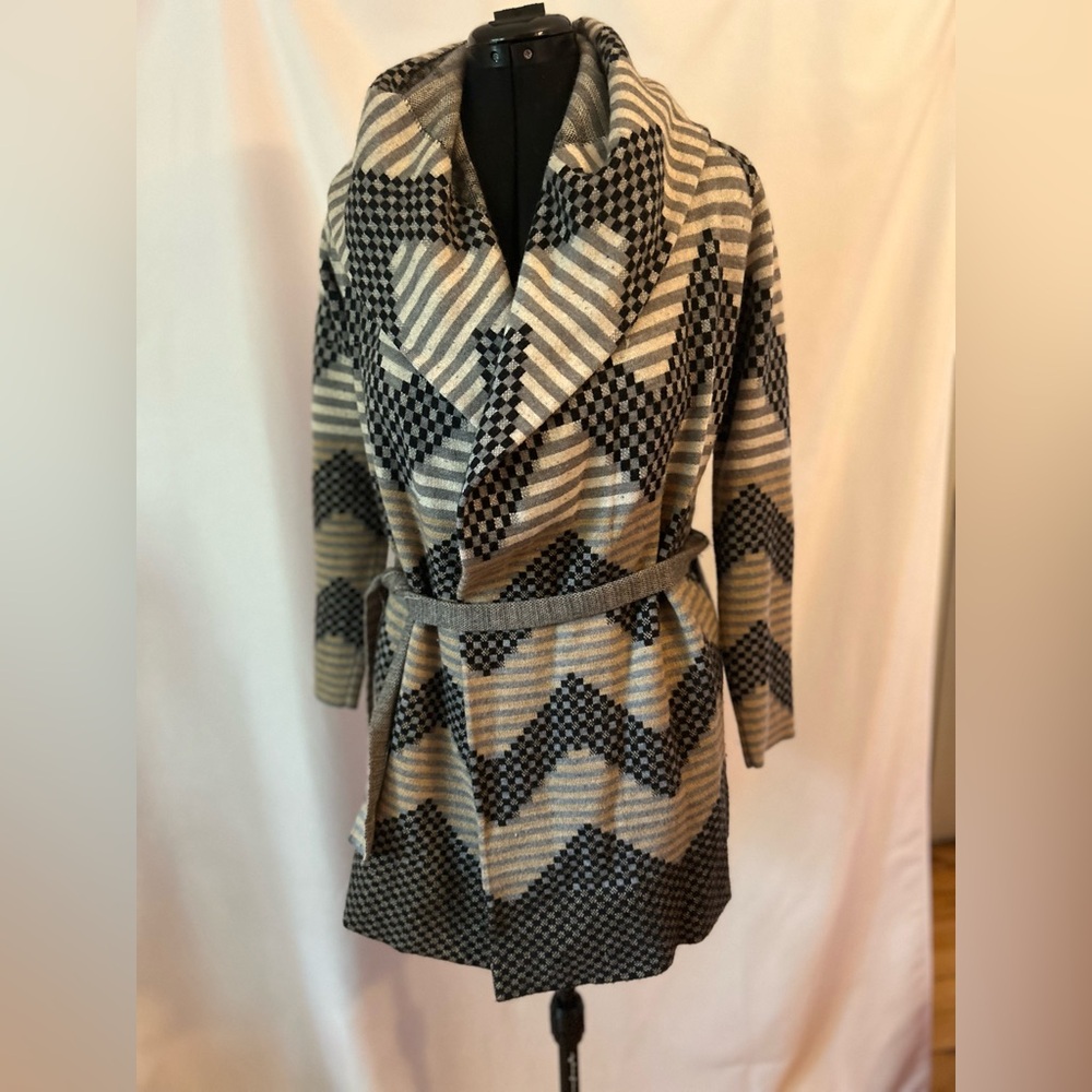 Striped and Checkered Belted Sweater Jacket